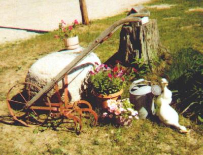 old fashioned plow with some ducks, flower tub, large rock and tree stump