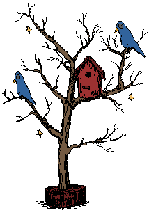 two birds sitting in a tree with a bird house