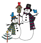 two snowpeople with birds and a birdhouse