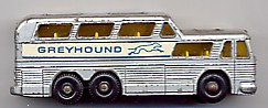 Vintage Matchbox, No.66 Greyhound Bus with regular wheels and amber windows. Made in England by Lesney in 1967