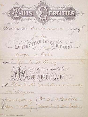 Marriage Certificate of George Forbes and Ida Watting - Ypsilanti, Washtenaw, Michigan