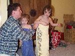 Jordan and Jada modelling the towels their Aunt Leann made for them for Christmas