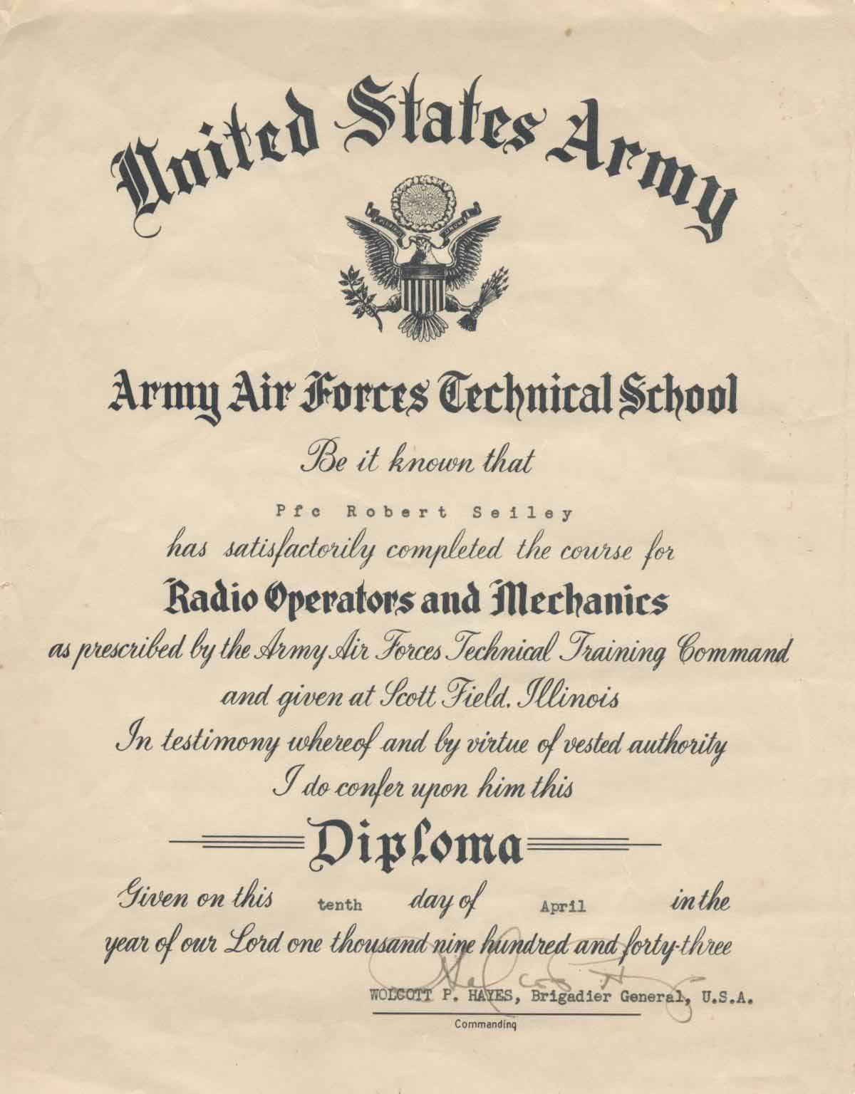 Radio Operations and Mechanics Diploma, Scott Field ILL, April 1943