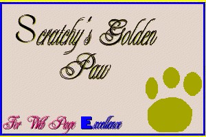 Scratchy's Golden Paw award for Web Page excellence