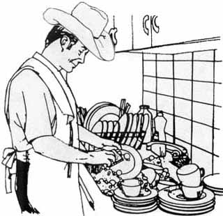 cowboy washing dishes