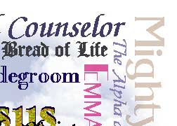 Jesus, Prince of Peace, Wonderful Counselor, Mighty God, Everlasting Father, The Annointed One, My Beloved Son, The Bread of Life, The Alpha and Omega, Emmanuel, The Good Shepherd, The Almighty, The Bridegroom, Eternal Life, Savior, Jesus the Christ