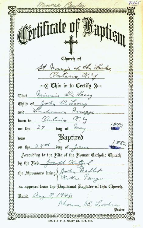 Baptismal Certificate of Wilhemina DeLong