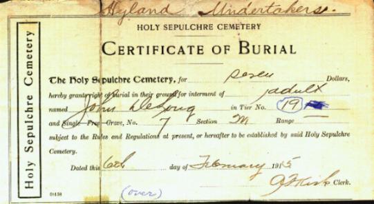 Burial Certificate of John DeLong