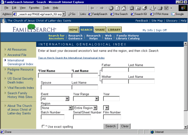 IGI family search page