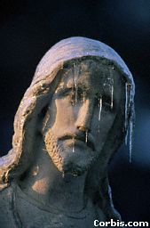 Icicles on statue of Jesus in the Academy of Sacred Heart