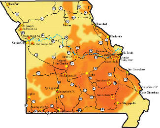 Missouri routes with a view of fall color map - click to see larger version