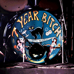 Closeup photo of the drum logo from The Summerland Tour (1996)