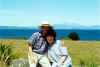 Mum and dad with the lake and volcanoes in the background