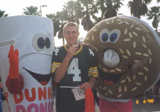 Me and two of the Duncan Dohnuts mascots that were also on hand for the filming