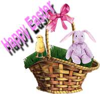 An Easter basket made from layer sof a basket, bow, grass, bunny, chick and text.