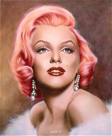 Marilyn Monroe with reddish-pink hair changed from blonde using color balance.