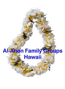 Plumeria lei overlaid with the words 'Al-Anon Family Groups Hawaii'; graphic courtesy UpWrite Ink