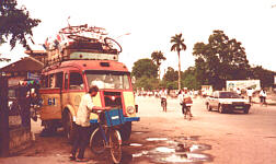 Bright coloured Renault bus in Hue