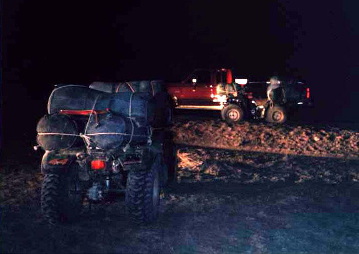 Pickup vehicle and ATV's are positioned as it happened in the field