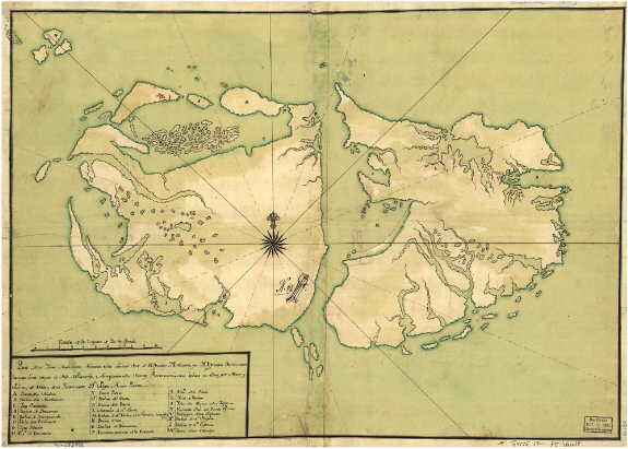 "Plano de las Yslas Malvinas arreglado a los ultimos reconosimientos echos en ellas por mar y tierra, de orden de su Gobernador Dn. Felipe Ruis Puente" (Real Escuela de Navegación de Cádiz - Circa 1770) - Fuente: Library of Congress - Washington D.C.