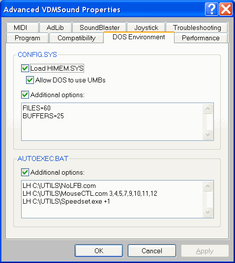 VDMSound Dos Environment Tab