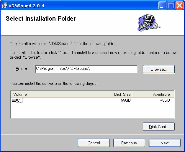 VDMSound Installation Wizard Selection