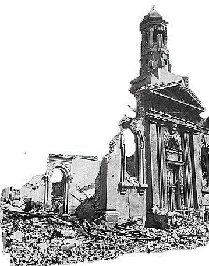 Igreja em Londres, destruda por bombardeio alemo em 1940.