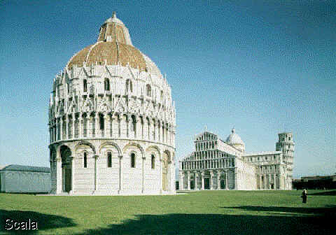 Cathedral Group at Pisa, built from 1053 to 1272 at Pisa, in Italy, includes a campanile (bell tower), better known as the LEANING TOWER, **(rear right)** ; a CATHEDRAL, **(center)**;   and a BAPTISTERY, **(left)**. 