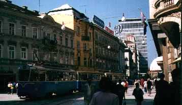 City street with trams, Zagreb, Croatia, 1994.