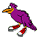 purple bird in red sneakers