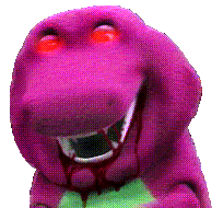 barney with glowing eyes, dripping blood
from mouth