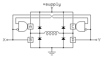 
                           o + supply
                           |
                 ----o-----o-----o----
        --------|----|----..-----|----|-------- 
       | .------|----|----'`-----|----|------. |
       | `-| \  |   _|_         _|_   |  / |-' |
       |   |  )|_|A /|\         /|\ C|_|(  |   | 
       o--o|_/  |    |           |    |  \_|o--o
       |        o----o--/\/\/\/--o----o        |
       |        |   _|_         _|_   |        |
  X o--o-------|_|B /|\         /|\ D|_|-------o--o Y
                |    |           |    | 
                 ----o-----o-----o----
                          _|_
                          ///
