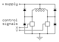 
             
  + supply o-o----------o----------
             |          |          |
            _|_         |         _|_
            /|\    /\/\/ \/\/\    /|\
             |     |         |     |
             o-----o         o-----o
            _|_    |         |    _|_
            /|\    |         |    /|\
   control o-|----|_|     --|_|    | 
   signals o-|-----|------   |     |
             |     |         |     |
              -----o----o----o-----
                       _|_
                       ///
