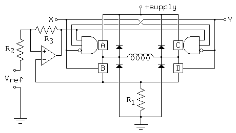 
                                         o +supply
                                         |
                                    -----o-----
             X o---o---------------|----.,-----|---------------o---o Y
                   |  -------------|----'`-----|-------------  |
                   | |  ___     ---o-----------o---     ___  | |
                   |  -|   |   |  _|_         _|_  |   |   |-  |
                 o-|---|AND|--|_| /|\         /|\ |_|--|AND|---|-
                 | o--O|___|   |   |           |   |   |___|O--o |
                 | |           o---o--/\/\/\/--o---o           | |
                 | |           |  _|_         _|_  |           | |
        --R3-    |  ----------|_| /|\         /|\ |_|----------  |
       |     |   |             |   |           |   |             |
       | +   |   |             o---|-----o-----|---              |
 o--R2-o--|\ |   |             |   |     |     |                 |
Vref      | >----o-------------|---|-----|-----|-----------------
 o-     --|/comparator         |   |     |     |
   |   | -                     |   |     R1    |
   |    -----------------------    |     |     |
   |                                -----o-----
  _|_                                   _|_
  ///                                   ///
