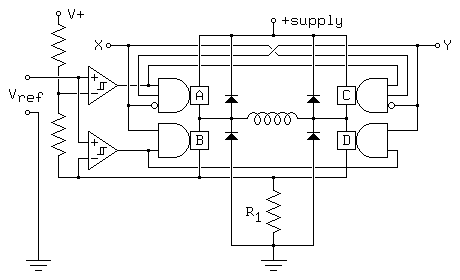 
      o V+                             o +supply
      |                                |
      |                           -----o-----
      |  X o---o-----------------|----.,-----|-----------------o---o Y
      R        |  ---------------|----'`-----|---------------  |
      |        | |  ---------|---|-----------|---|---------  | |
 o----|--o-|\+ | | |  ___     ---o-----------o---     ___  | | |
      |  | |H>-|-|-o-|   |   |  _|_         _|_  |   |   |-  | |
Vref  o--|-|/- |  ---|AND|--|_| /|\         /|\ |_|--|AND|---  |
      |  |     o----O|___|   |   |           |   |   |___|O----o
 o-   |  |     |      ___    o---o--/\/\/\/--o---o    ___      |
   |  R  |      -----|   |   |  _|_         _|_  |   |   |----- 
   |  |   -|\+       |AND|--|_| /|\         /|\ |_|--|AND|
   |  |    |H>-----o-|___|   |   |           |   |   |___|-
   |  o----|/-     |         |   |           |   |         |
   |  |             ---------|---|-----------|---|---------
   |   ----------------------o---|-----o-----|---
   |                             |     |     |
   |                             |     R1    |
   |                             |     |     |
   |                              -----o-----
  _|_                                 _|_
  ///                                 ///
