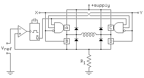 
                                            o +supply
                                            |
                                       -----o-----
                X o---o---------------|----.,-----|---------------o---o Y
                      |  -------------|----'`-----|-------------  |
                      | |  ___     ---o-----------o---     ___  | |
                      |  -|   |   |  _|_         _|_  |   |   |-  |
                     -|---|AND|--|_| /|\         /|\ |_|--|AND|---|-
                    | o--O|___|   |   |           |   |   |___|O--o |
                    | |           o---o--/\/\/\/--o---o           | |
                    | |           |  _|_         _|_  |           | |
              _||_  |  ----------|_| /|\         /|\ |_|----------  |
   comparator ||||  |             |   |           |   |             |
        -     |__|  |             o---o-----o-----o---              |
 o-------|\- |    | |             |         |                       |
Vref     | >-|>   | o-----------------------------------------------
 o-     -|/  |   _| |             |         |      
   |   |+    |   Q|-              |         R1     
   |   |     |____|               |         |      
   |   |    one shot              |         |
  _|_   --------------------------         _|_
  ///                                      ///
