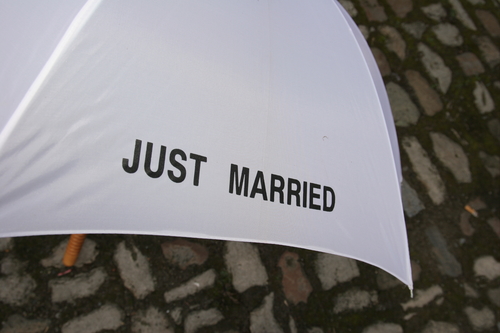 image of just married umbrella