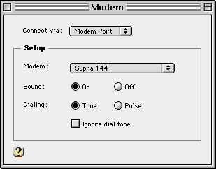 Modem control panel window