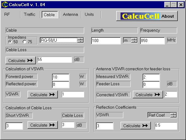 cable loss and VSWR calculations (Screen shot)