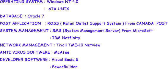 OPERATING SYSTEM : Windows NT 4.0                                  :  AIX UNIXDATABASE  : Oracle 7POST APPLICATION   : ROSS ( Retail Outlet Support System ) From CANADA  POSTSYSTEM MANAGEMENT : SMS (System Management Server) From MicroSoft                                      : IBM NetfinityNETWORK MANAGEMENT : Tivoli TME-10 NetviewANTI VIRUS SOFTWERE : McAfeeDEVELOPER SOFTWERE : Visual Basic 5                                      : PowerBuilder