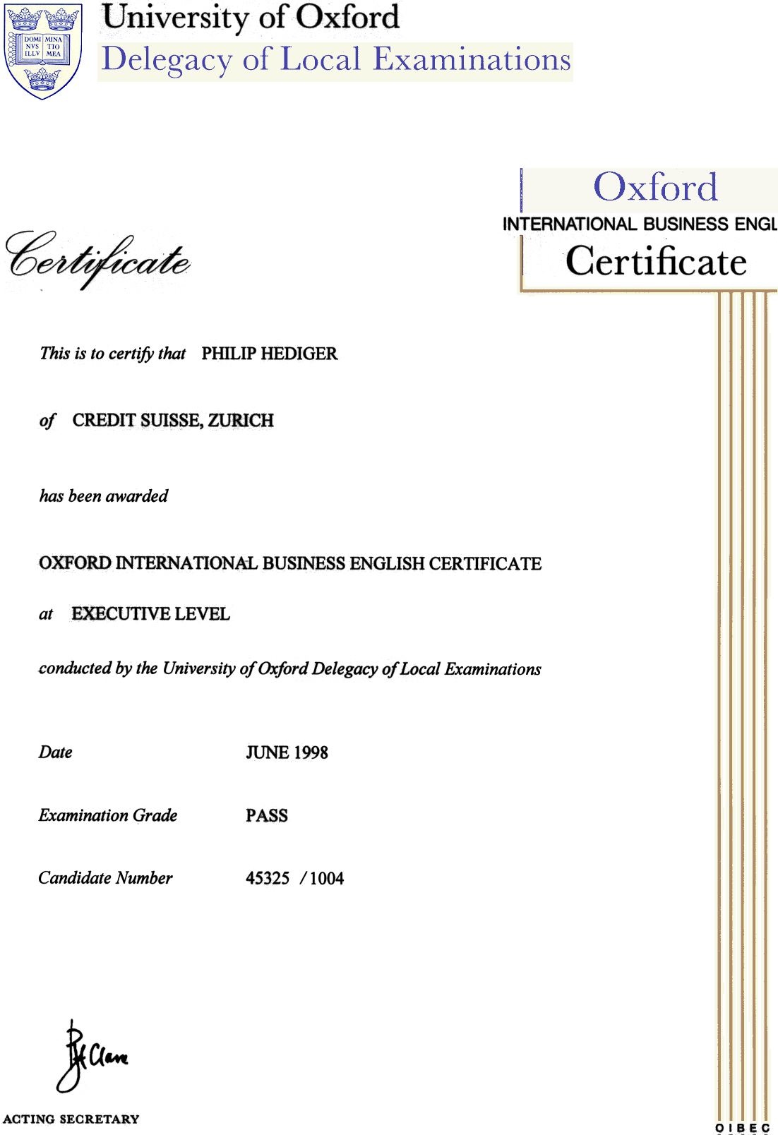 OIBEC Executive Level certificate