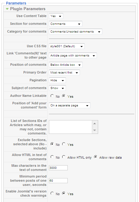 Sample values of yvComment Plugin Papameters. Part 1 of 3.