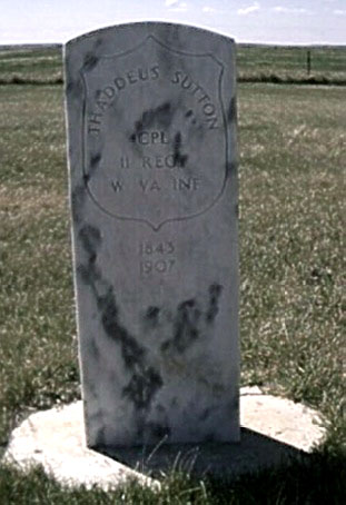 Thaddeus Sutton, headstone, grave in Douglas City Cemetery, Douglas, Ward County, North Dakota, photography by Karla Lee 2003 May, replaced by the US Military local air force base.