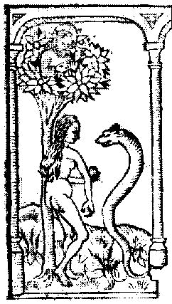 Serpent tempting Eve in a medieval woodcut