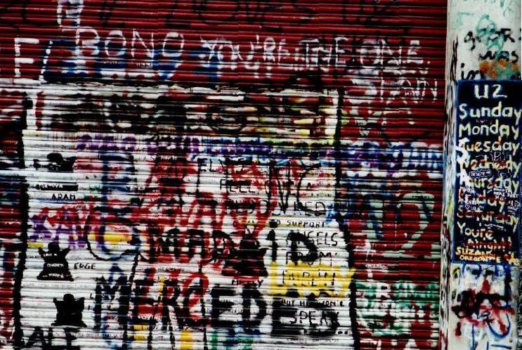 Photograph of Windmill Lane in Dublin City, Ireland, showing U2 fan graffiti