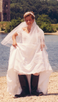 Wedding dress and gum boots