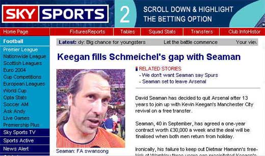 keegan fills schmeichel's gap with seaman