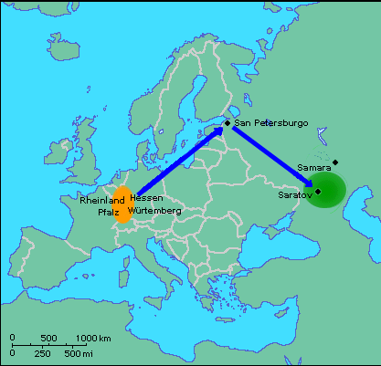 Mapa de las primeras colonizaciones en la zona del Volga