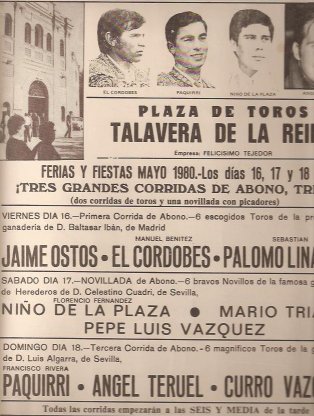 Cartel de corrida de toros de las ferias de mayo de 1980