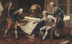 Perouse unrolls an explorer's map for King Louis XVI